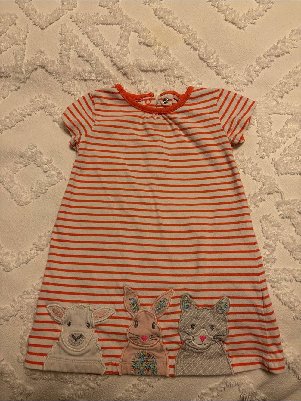Baby Boden Coral and White Striped Dress with Animal Appliqués
